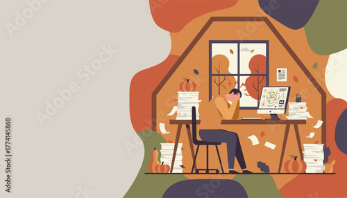 Overwhelmed remote worker stressed by deadlines and paperwork in autumnal attic office