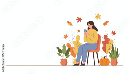 Happy woman checking phone during autumn break surrounded by festive fall foliage and decor
