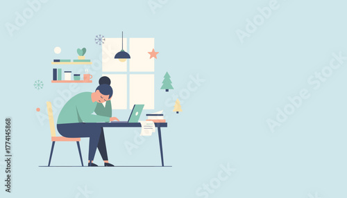 Overworked woman at desk during winter feeling stressed and fatigued