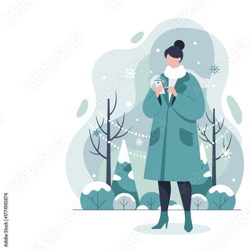 Winter messaging woman in a coat using a phone outdoors in the snow