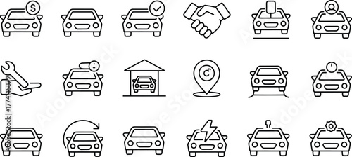 Automotive Industry Icons Set Vector Illustration Featuring Car Sales Repair Services and Transportation Concepts