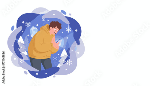 Worrying man lost in a cold winter landscape checking his phone for signal or crisis alert