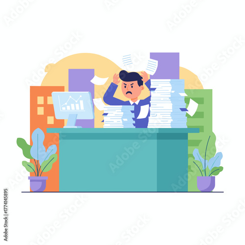 Stressed businessman overwhelmed by excessive paperwork and deadlines at his office desk