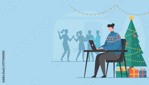 Man working on laptop during holiday party illustrating dedication overtime or festive isolation