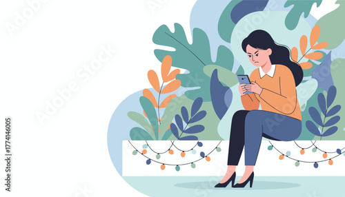 Angry woman reading bad news on her smartphone isolated by tropical nature Frustration concept