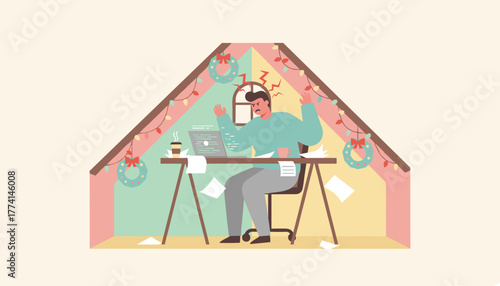 Angry worker overwhelmed by deadlines in a festive office experiencing holiday work stress