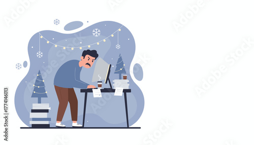 Overworked employee working late on deadlines during the Christmas season