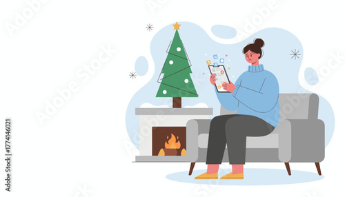 Stressed woman using tablet for holiday tasks by the fireplace and Christmas tree