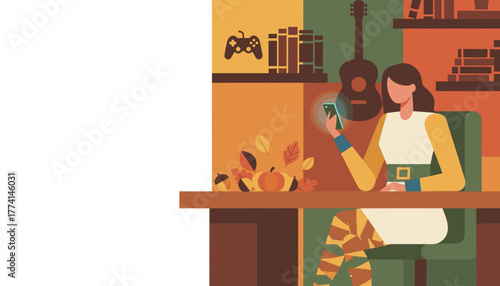 Autumn leisure Woman sitting at desk checking glowing smartphone indoors