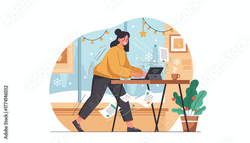 Happy woman working fast on a tablet in a cozy winter office juggling tasks and enjoying remote work