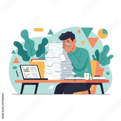 Stressed employee sick at desk buried under a huge stack of paperwork Overwork and burnout concept