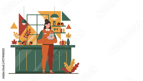 Worried woman managing inventory on a tablet in an autumnthemed coffee shop setting