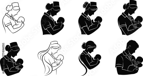 Nurse holding baby, caregiver silhouette, maternal care, infant support, healthcare illustration, childcare concept, nurturing pose, medical staff, baby love, compassion