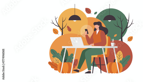 Woman works remotely on laptop and smartphone in a cozy autumn flat design environment