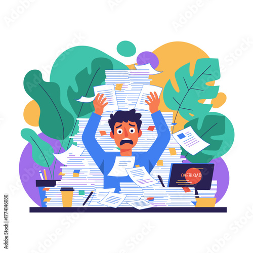 Overwhelmed office worker drowning in paperwork experiencing job stress and professional overload