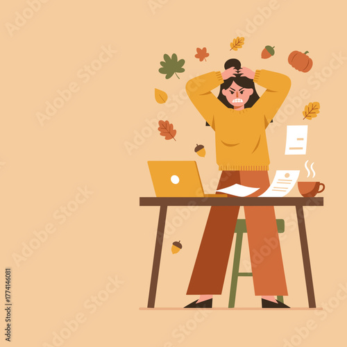 Stressed woman overwhelmed by autumn deadlines pulling her hair in frustration while working at her desk