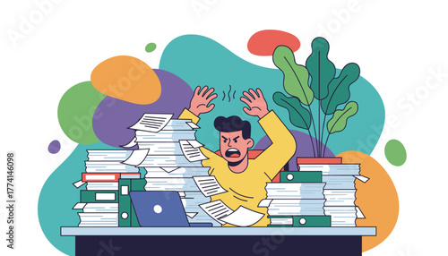 Overwhelmed worker drowning in massive stacks of paperwork symbolizing stress bureaucracy and heavy workload