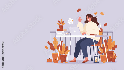 Happy woman working remotely on balcony with laptop enjoying cozy autumn worklife balance