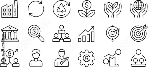 Business and Finance Outline Icons Symbolizing Growth Investment and Global Strategy for Success
