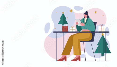 Woman using a tablet for holiday shopping or seasonal work surrounded by gifts and Christmas trees
