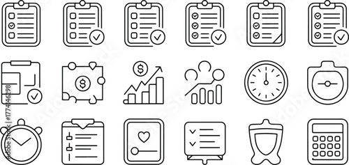 Business productivity planning management and financial analysis line icons representing tasks metrics time budget and success tracking