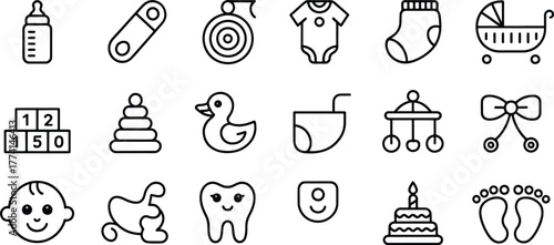 Collection of baby related outline icons for newborn and toddler concepts in simple black and white design style