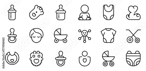 Baby Icons Set for Newborn Care Essentials and Childhood Development in Simple Line Art Style
