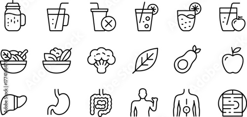 Collection of black and white health icons representing healthy lifestyle and wellness including food organs and fitness