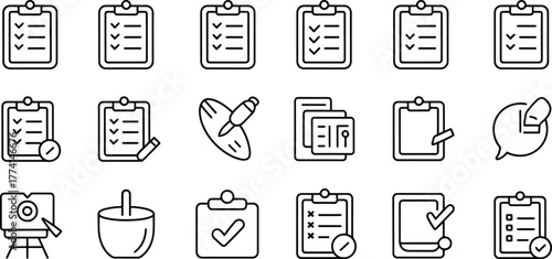 Collection of Business and Productivity Icons Representing Tasks Planning and Creative Processes in Black and White Minimalist Style
