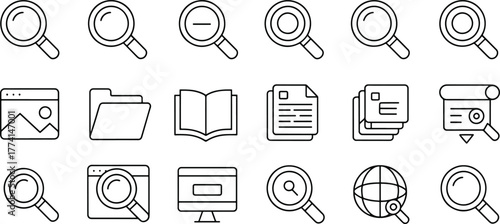 Collection of Line Art Icons Representing Search and Information Access Technology and Tools