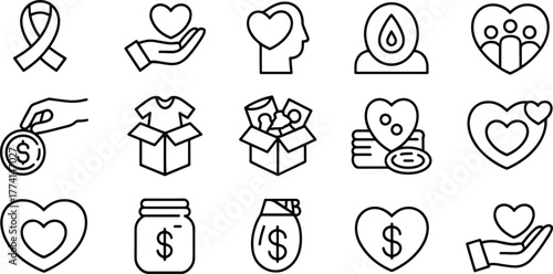 Collection of line art icons representing charity donation and volunteering support for social causes and community aid