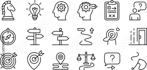 Business Strategy and Planning Outline Icons Vector Set for Corporate Solutions and Innovation Achievement