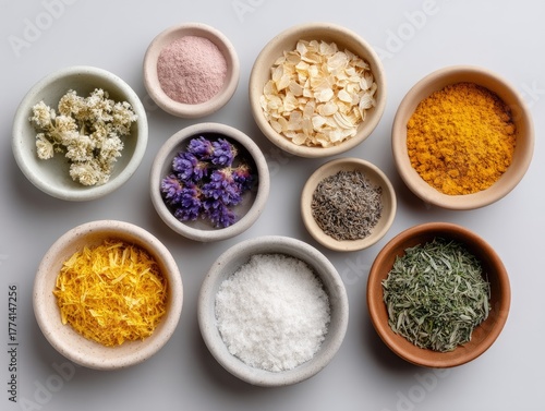 Overhead flat lay of ten small ceramic bowls filled with assorted colorful dried herbs and floral elements arranged on a neutral gray background in soft natural light