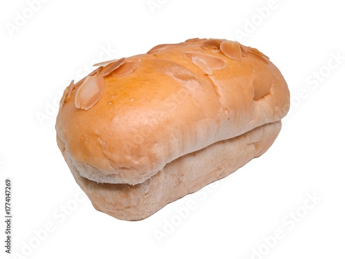 Golden brown loaf with almond slices on top, soft and fluffy inside. Freshly baked with a glossy finish, perfect for breakfast or a sweet snack.

