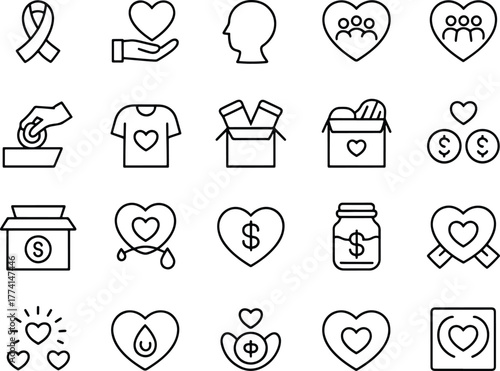 Charity and Donation Vector Icon Set Promoting Giving and Support in Community Outreach Efforts