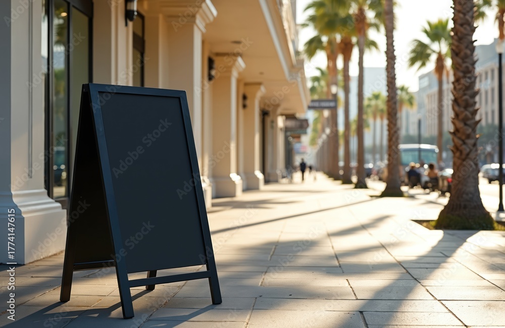 Fototapeta premium Blank sandwich board sign stands outdoors on sidewalk with palm trees. Commercial advertising signage on urban city street for retail shop promotion. Empty black chalkboard stands at pavement cafe.