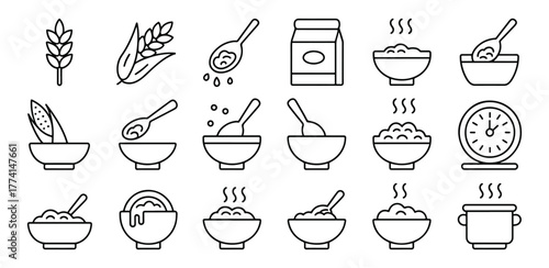Collection of Breakfast Cereal and Porridge Icons for Healthy Start to the Day Oatmeal Symbol Set in Linear Style
