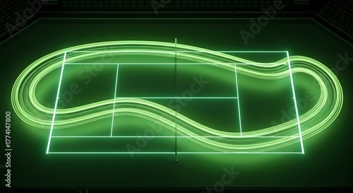 Dynamic futuristic tennis court with glowing neon light trails representing data and speed