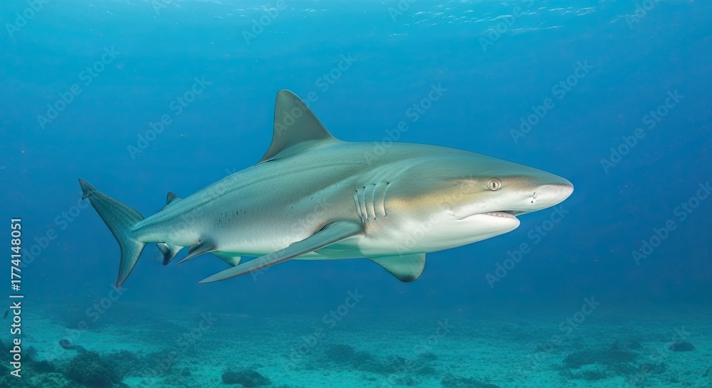 Fototapeta premium Majestic Shark Swimming Gracefully in the Deep Blue Ocean.
