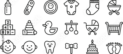 Collection of outline baby icons representing different stages and products for new parents and infants