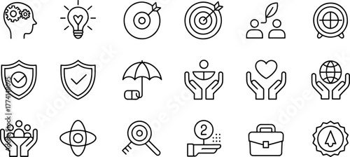 Set of Business and Finance Icons Depicting Strategy Innovation Protection Growth and Global Reach with Line Art Design