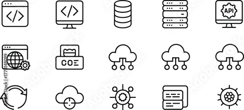Collection of Outline Icons Related to Technology Cloud Computing and Application Programming Interfaces for Modern Software Development