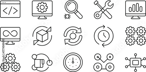 Set of Software Development and Technology Icons Representing Coding Configuration Debugging and Optimization in a Clean Style