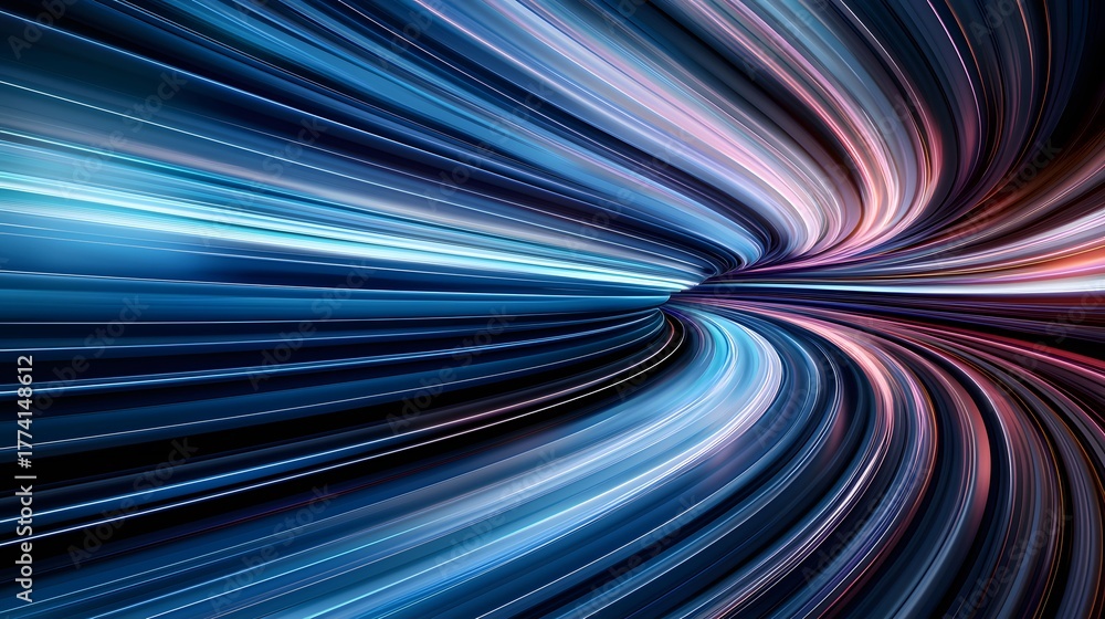 Fototapeta premium The image showcases an abstract tunnel of vibrant blue and pink light trails, creating a sense of depth and motion, with a modern and futuristic vibe.
