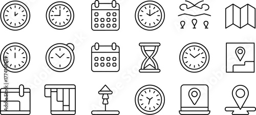 Time Management and Planning Icons Featuring Clock Calendar Map and Hourglass for Project Management