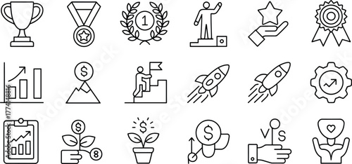Vector Icon Set Representing Business Success Achievement and Growth in Clean Line Art Style Collection of Symbols