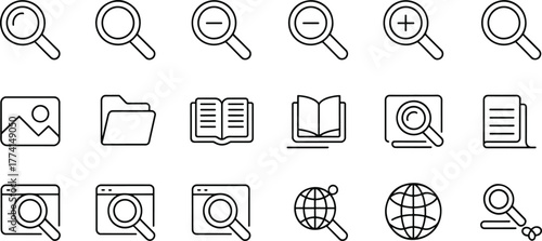 Icon Set for Searching Reading and Browsing Digital Resources in Black and White Modern Design Style