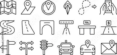 Line art icons related to navigation travel and transportation for web design and apps with map road and destination