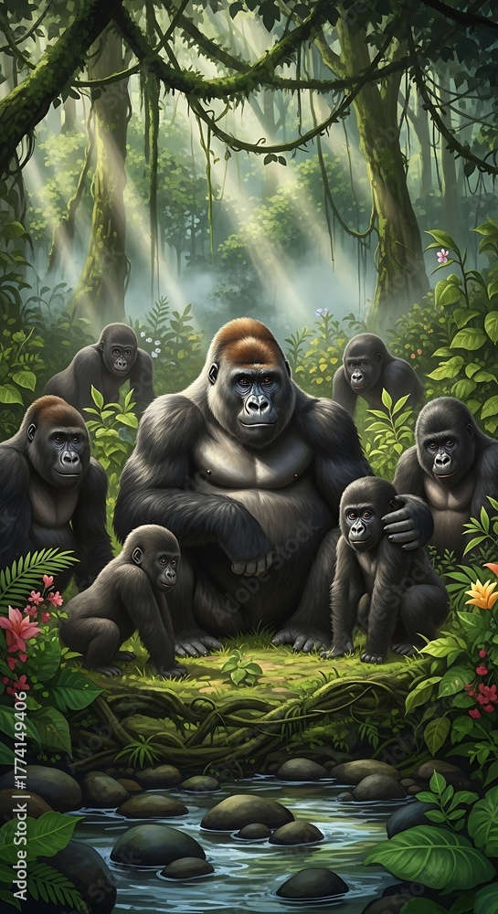 Obraz premium Gorilla family group in lush tropical jungle environment illustration