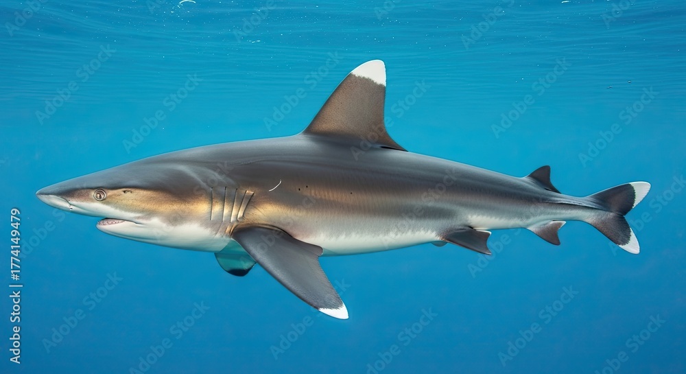 Fototapeta premium Oceanic Whitetip Shark Swimming Gracefully in Clear Blue Water.